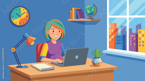 A cheerful woman working on her laptop in a colorful home office setting, showcasing a cozy and productive work-from-home environment.
