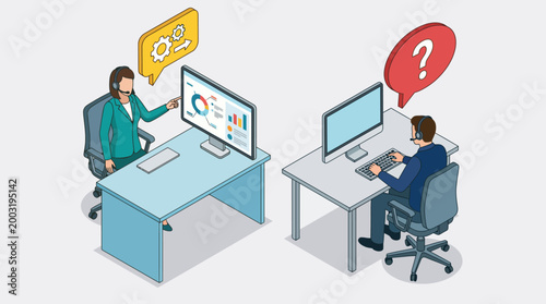 An illustration depicting two customer service representatives communicating via desktop computers, showcasing modern technology in customer support and remote work environments.