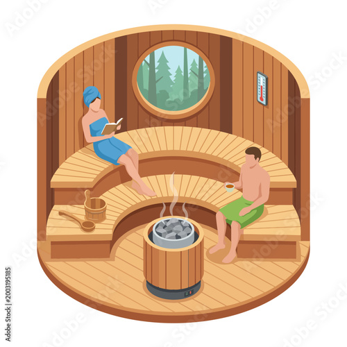 An inviting sauna scene featuring two people enjoying their time, one reading a book and the other sipping a drink, surrounded by warm wooden interiors.
