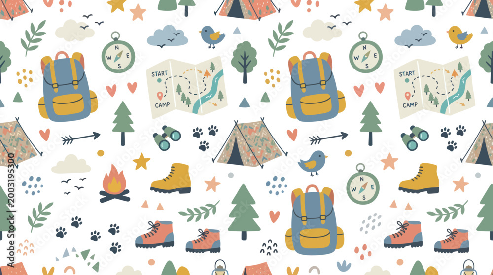Obraz premium Camping Adventure Seamless Pattern - Flat Illustration for Outdoor Fun