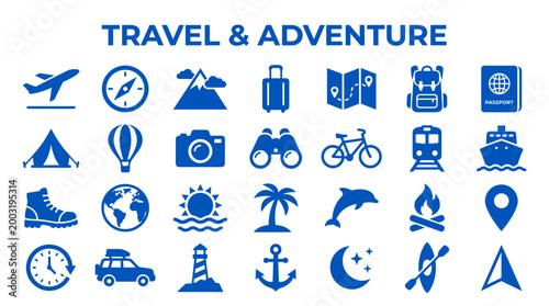 Collection of travel and adventure icons representing various modes of transport and outdoor activities for tourism and exploration