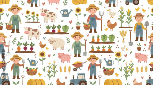 Cute Farm Pattern with Farmers, Animals, and Crops, Flat Vector Art