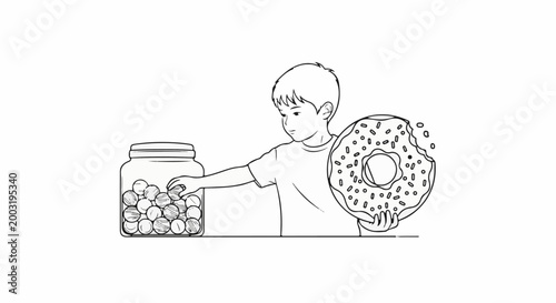 Young boy with jar of marbles and a half-eaten donut