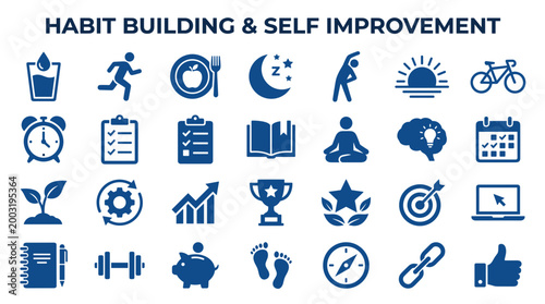 Fotografía Habit building and self improvement icons set representing healthy lifestyle, pe