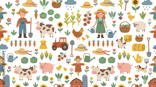 Cute Flat Cartoon Farm Life Seamless Pattern with Farmers, Animals, Vegetables, and Tools