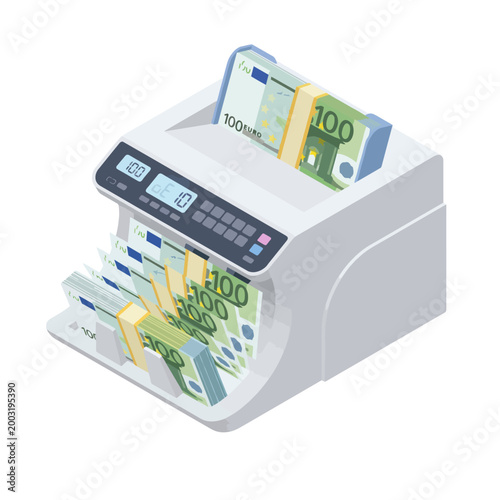 A sleek and efficient money counting machine filled with euro banknotes. Perfect for businesses handling cash transactions or retail environments for counting money.