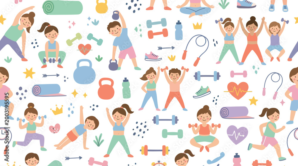 Fototapeta premium Flat Vector Fitness Pattern with Exercising Kids Adults and Sports Equipment for Healthy Life