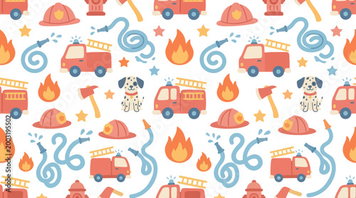 Cute Firefighter Pattern with Trucks, Hats, and Dalmatian - Flat Style