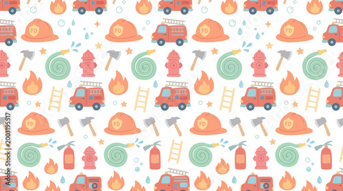 Cute Firefighter Pattern - Fire Truck, Helmet, Hose, Axe, Fire