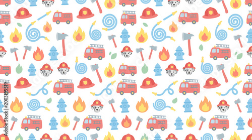 Kids Firefighting Flat Vector Seamless Pattern with Fire Trucks, Helmets, Axes, Hydrants, Hoses, and Dalmatians