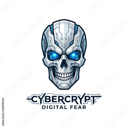 This imaginative artwork features a futuristic skull design combined with circuit patterns, representing the intersection of technology and digital fears in modern society.