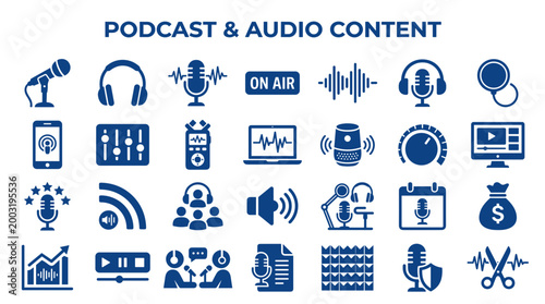 Podcast and audio content icons set for digital media production and broadcasting, representing sound recording, broadcasting, and digital communication.