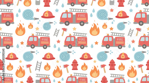 Cartoon Firefighting Equipment Flat Design Seamless Pattern for Emergency Services