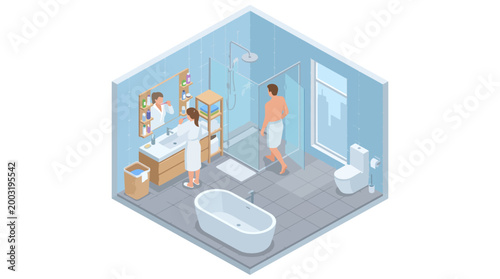 This image showcases a contemporary bathroom design featuring a walk-in shower, bathtub, and stylish accessories, combining functionality with aesthetic appeal for relaxation.