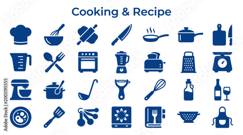 Collection of cooking and recipe icons representing kitchen tools and culinary activities for food preparation and recipe creation