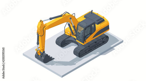 A vibrant yellow excavator stands on a concrete surface, showcasing its robust structure and powerful features, perfect for construction and heavy-duty tasks in various environments.