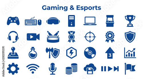 Collection of blue gaming and esports icons representing various aspects of digital entertainment and competition on a white background