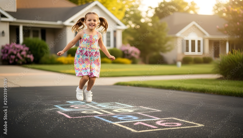 Fototapeta premium Happy little girl playing hopscotch on a suburban driveway during sunset, representing a carefree childhood and outdoor activity concept in a sunny neighborhood