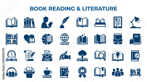 Collection of book reading and literature icons representing education, knowledge, learning, and storytelling in a modern graphic style