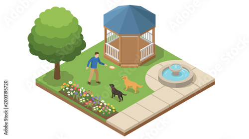 Fotografi A delightful isometric illustration showing a man enjoying quality time with two dogs in a vibrant garden, featuring a gazebo, fountain, and blooming flowers