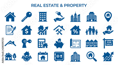 Real estate and property icons representing buying selling renting and investment in housing and commercial buildings with keys and money symbols