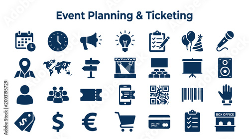 Event Planning Ticketing Icons Set for Business Management and Organization Services