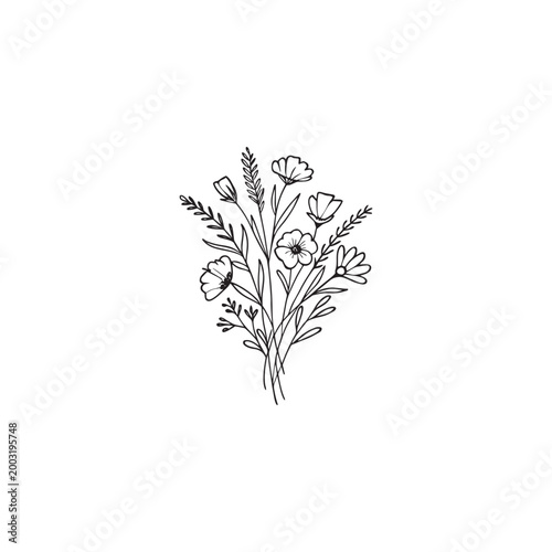 Minimalist Black and White Wildflower Bouquet Line Art Illustration