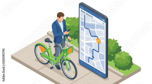 This isometric illustration depicts a cyclist using a smartphone to check bike routes, highlighting the integration of technology and sustainable transport for urban mobility.