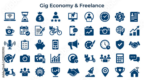 Gig Economy Freelance Icons Set Business Technology Finance and Work Concepts