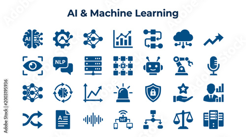 AI and Machine Learning Icons Set Representing Artificial Intelligence Technology Concepts and Data Science Innovations