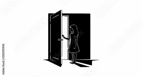 Young person opens a dark door, revealing a lit doorway