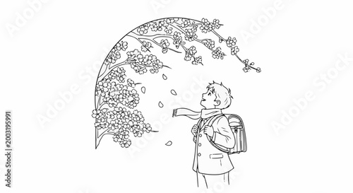 Young person with backpack gazes up at blooming branches as petals fall
