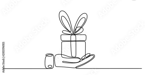 Continuous single line drawing of a hand holding a gift box with a bow Vector, illustration