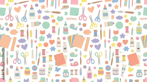 Cute Crafting Supplies Seamless Pattern, Flat Design