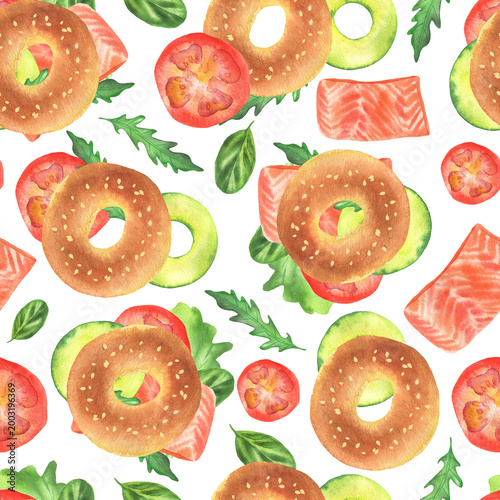 Seamless pattern of salmon bagels breakfast