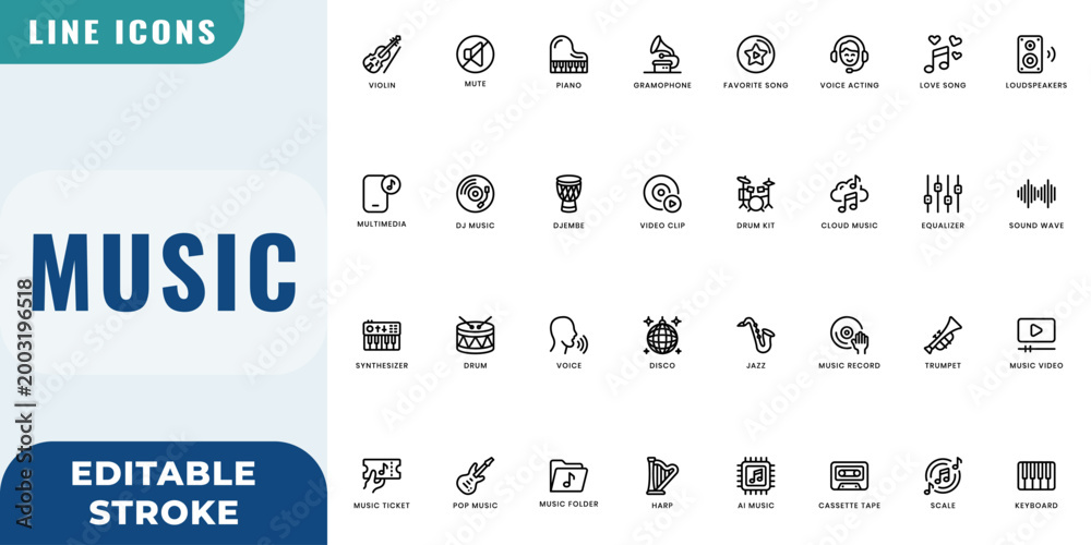 Music icon set. Editable Stroke Vector Set. Line Icon. Stock Vector ...