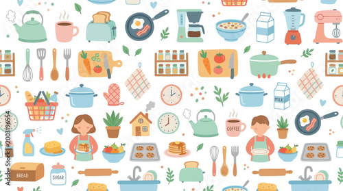 Cute Flat Illustration Seamless Pattern with Food, Kitchen Utensils, and Cooking Activities