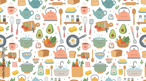 Cute Flat Cartoon Kitchen Seamless Pattern with Cooking Utensils and Food