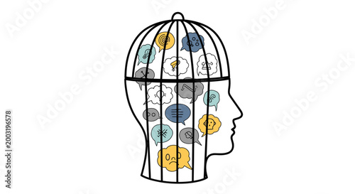 Illustration of a human head in profile, with a birdcage over it, containing speech bubbles representing thoughts trapped inside.