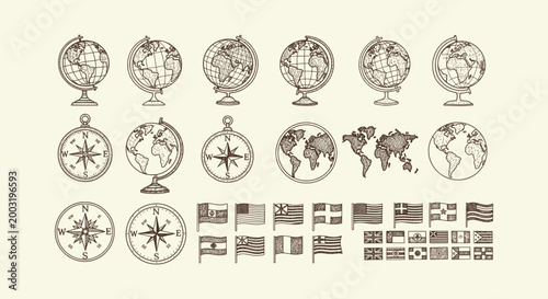 Vintage hand drawn globe compass map and flags icons set for navigation and world travel design.
