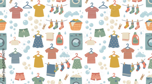 Laundry Household Seamless Pattern: Flat Vector Illustration of Clothes, Washer, Soap, Bubbles