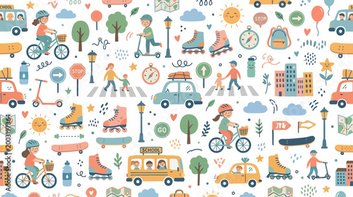Kids Urban Lifestyle Flat Seamless Pattern. Children Commuting, Playing, School, Transport