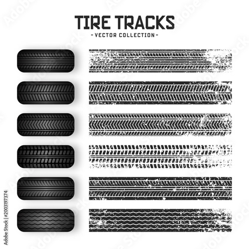 Grunge tire tracks, rubber wheels, and braking marks. Truck, car, or motorcycle tread pattern silhouettes. Perfect for auto racing, motorsport, and speed-related designs. Vector illustration