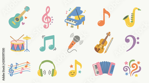 Cute Flat Music Instruments  Symbols Icon Set for Entertainment  Education