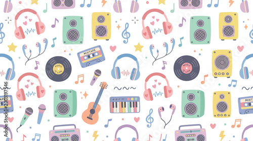 Cute Music Pattern, Headphones, Speakers, Cassettes, Vinyl, Keyboard, Guitar