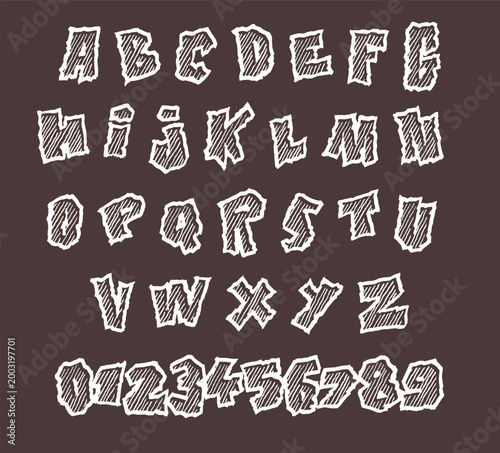 White Sketch Outline Alphabet and Numbers Set on Brown Background Hand Drawn Letters A to Z 0 to 9 Collection Isolated Png Transparent Background