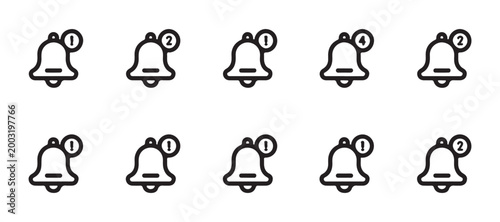 Outline bell notification icons with various numbered alert badges for software application displays.