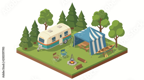 This illustration showcases a picturesque camping setup featuring a vintage caravan, a blue tent, campfire, chairs, and surrounding trees that create a tranquil outdoor environment.