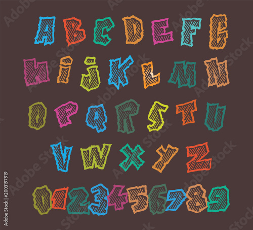 Colorful Sketch Outline Alphabet and Numbers Set on Brown Background Hand Drawn Letters A to Z 0 to 9 Collection Isolated Png Transparent Background