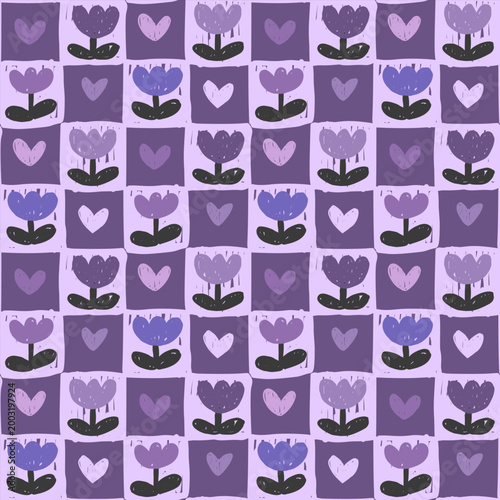Hand drawn purple tulip and heart seamless pattern on dark violet checkered background for textile and wallpaper
